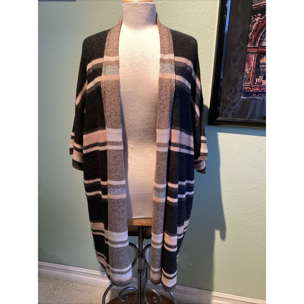Vince Wool Cashmere Long Cardigan Sweater Size M L Black Tan Stripe Half Sleeve